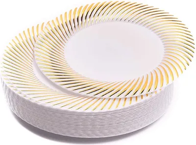 Immagine prodotto di Piccoli piatti di plastica bianchi con bordo dorato, 18 cm