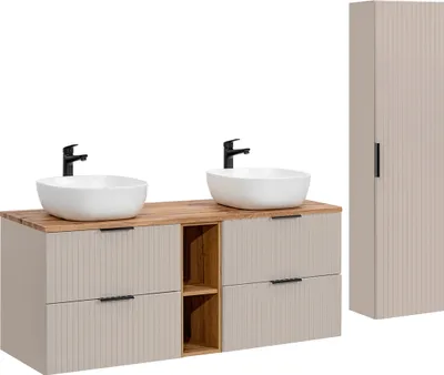 Produktbild von Doppelwaschtisch und Hängesäule 140.8cm Adriel mit 4 Schubladen, Beige