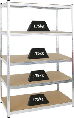 A metal shelving unit with five shelves, each holding a black weight labeled '175kg'.