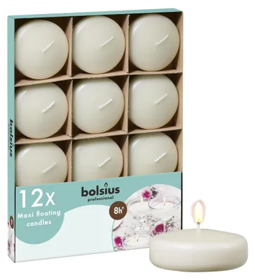 Zdjęcie produktu dla Świece pływające Maxi, kość słoniowa, BOLSIUS, 29/77 mm, czas palenia ok. 8 godzin, pudełko z 12 sztukami