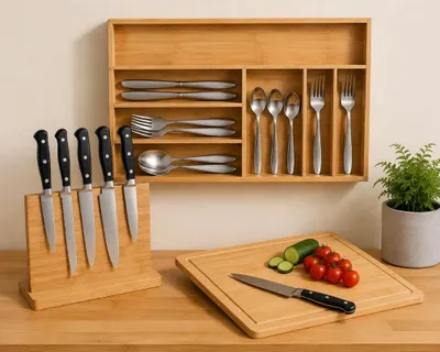 Produktbild von Bambus-Küchenorganizer-Set (3-teilig) – Besteckablage, magnetischer Messerblock & Schneidebrett