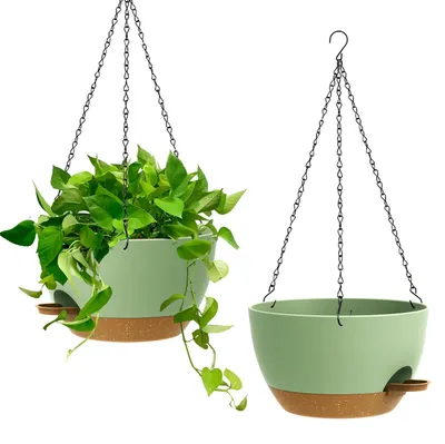 Image de Lot de 2 pots suspendus à arrosage automatique (25 cm) – Pots suspendus pour l'intérieur et l'extérieur, pots suspendus avec trou de drainage pour le balcon, le salon, la cuisine, vert et marron