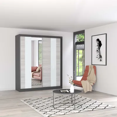 Produktbild von Schwebetürenschrank Kleiderschrank Schrank 183 cm Grau/Kathult mit Spiegel und Lacobel Glaseinsatz Multi 32