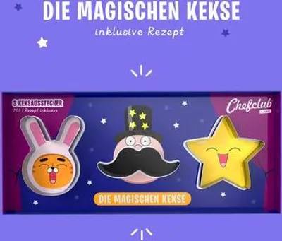 Produktbild von CHEFCLUB, Keksausstecher Magische Kekse, Ausstechformen im fantasievollen Design, 3er-Set Ausstecher Metall inkl. Rezept, Ab 4 Jahren