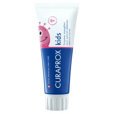 A tube of Curaprox kids toothpaste against a white background.