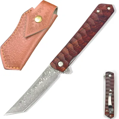 Image de Couteau pliant en acier damas, avec manche en bois et étui en cuir