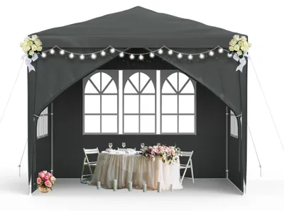 Image de Pavillon de jardin QEENTOE, 3x3 mètres, anthracite, tente en polyéthylène étanche avec 4 parois, porte avec fermeture éclair, idéal pour les événements de jardin