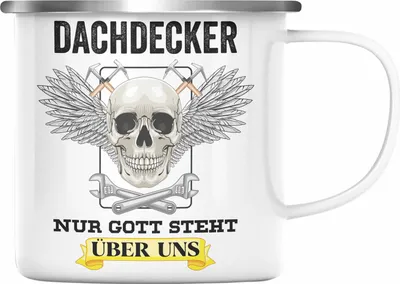 Produktbild von Trendation - Dachdecker Geschenke Emaille Tasse Lustig Mann Männer Zubehör Geschenkidee Dachdecker-Meister Emaille Emaille Tasse Totenkopf (Silber)