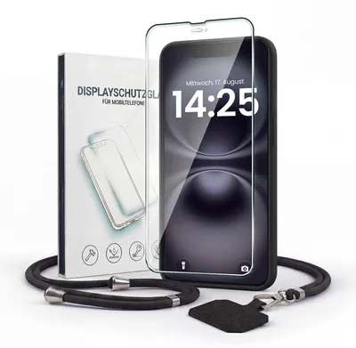 Produktbild von Handyhülle für Apple iPhone 16e mit Handykette und 9H Displayglas Displayschutz Band Kordel Hülle Case Schutzhülle Schwarz