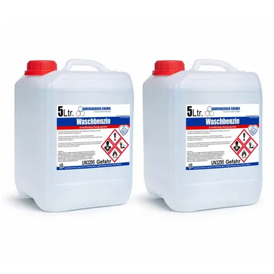 Produktbild von Ravensberger Chemie Waschbenzin Spezialreiniger – Kanister, hochwirksam für Fett, Öl, Teer, Kleber, Farbe, Tinte, Wachs, Kaugummi - 2x 5 Liter