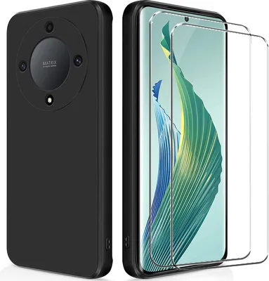 Image de set de protection 2en1 pour le Honor 90 Lite se compose de 2x 9H film de protection d'écran et 1x étui de protection en silicone - Housse en noir