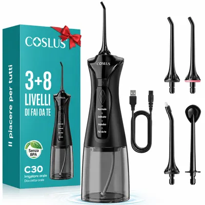 Immagine prodotto di Idropulsore COSLUS senza fili, pulitore dentale elettrico: 4 modalità, serbatoio da 300 ml, ricarica rapida, fino a 30 giorni di autonomia, Immagine generata dall'IA