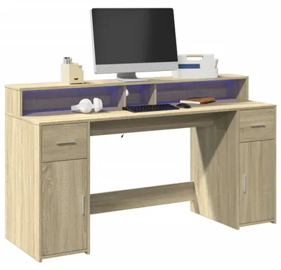Imagen del producto de Escritorio - Mesa de trabajo - Escritorio de escritura - Escritorio para ordenador - Escritorio para juegos - Aspecto de roble Sonoma - Iluminación LED RGB