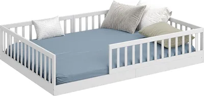 Produktbild von CADANI Timi Bodenbett Kinderbett 140x200 cm, Rausfallschutz abnehmbar, bis 200 kg belastbar, inkl. Roll-Lattenrost, Montessori Bett aus Kiefer Massivholz, Weiß