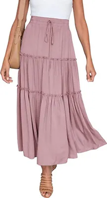 Produktbild von ASKSA Damen Elegant Maxirock Elastische Hohe Waist Rock A-Linie Ruffle Hem Kordelzug Swing Maxi Skirt, Rosa, S