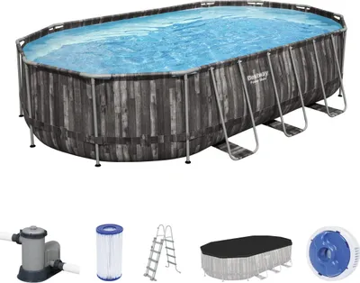Produktbild von Bestway® Power Steel™ Frame Pool Komplett-Set mit Filterpumpe 610 x 366 x 122 cm , Holz-Optik (Mooreiche), oval