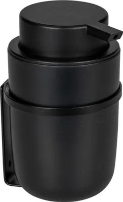 A black soap dispenser mounted on a wall.