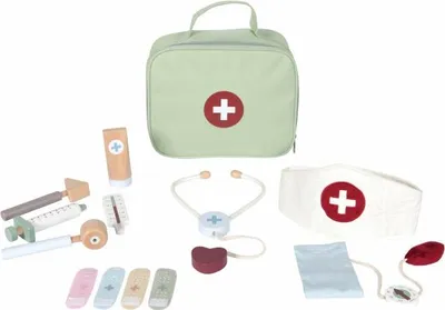 A collection of wooden toy medical instruments and a doctor's bag, arranged on a white background.