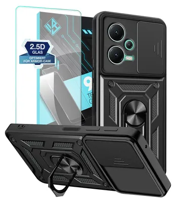 A black phone case with a screen protector and a ring holder, presented in a marketing-style image with a light gray background.