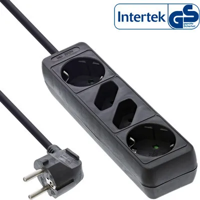 Produktbild von InLine Steckdosenleiste, 4-fach, 2x Schutzkontakt + 2x Euro, schwarz, 1,5m, 1,5 m, Abgewinkelt, 1,5 mm², Schwarz, Kunststoff, 2 AC-Ausgänge