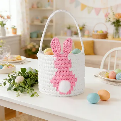 Productafbeelding van Paaskor met paashaas, accessoires, cadeaukorven, paasnestjes voor kinderen, gehaakte paaskor, paascadeaus voor kinderen, paasnestjes vullen, paaskor met handvat, paaskor, paaskor (roze)