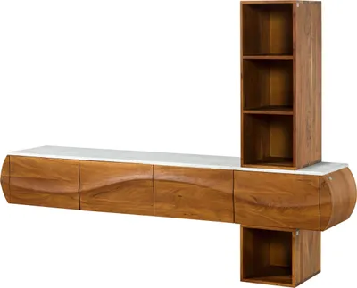 Image de MASSIVMOEBEL24 | Ensemble de meubles de salon  en bois d'Acacia 204x40x145 naturel laqué/ marnre blanc MONTREAL