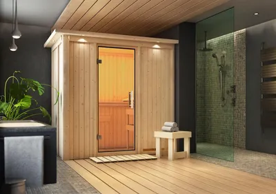 Image de Cabine intérieure Karibu Sauna Variado Sauna intérieur 1 bancs en bois naturel Épaisseur des parois de la cabine : 68 mm Sauna infrarouge