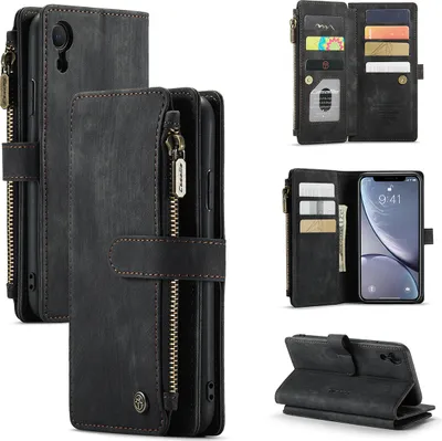 Image de iPhone XR Housse pour téléphone portable, fermeture éclair Housse en cuirPolyuréthaneHousse à rabat Fermeture magnétique Porte-cartes Fonction stand Porte-monnaie Housse pour iPhone XR Noir