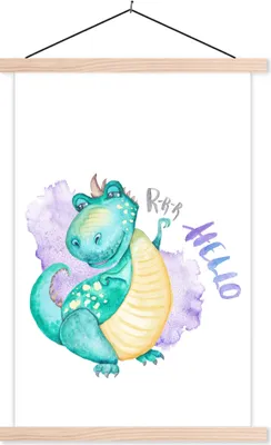 Produktbild von MuchoWow® Textilposter Kinderzimmer - Dinosaurier - Weiß - Jungen - Mädchen - Kinder 120x180 cm mit holzfarbenen Rahmen - Textil-Plakat