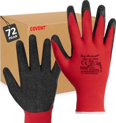 Zdjęcie produktu dla Zestaw 72 rękawic roboczych Covent VIP-ER RED dla mężczyzn, rozmiar 9 – rękawice montażowe EN388 2121X – rękawice ochronne do prac w terenie