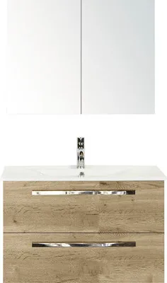 Produktbild von Sanox Badmöbel-Set Seville BxHxT 81 x 170 x 46 cm Frontfarbe eiche natur mit Waschtisch Keramik weiß, Waschtischuntersch