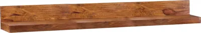 A wooden shelf against a white background.