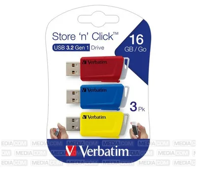 Obrázek produktu pro Verbatim Store ‘n’ Click, 16 GB, USB Typ-A, 3.2 Gen 1 (3.1 Gen 1), 80 MB/s, Kluzné, Modrá, Červená, Žlutá