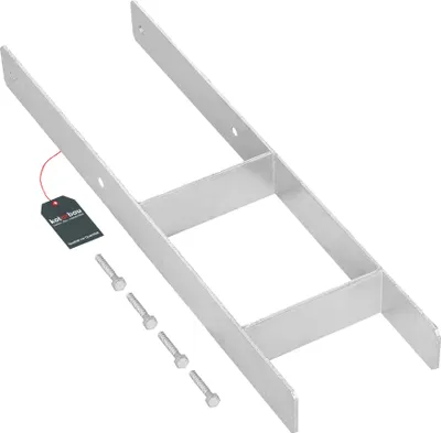 A metal post anchor with screws and a tag on a white background.
