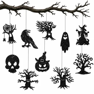 Halloween-Deko zum Aufhängen, schwarz glitzernd, 10 Stück