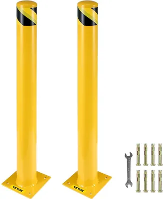 Image de Borne de sécurité, poteau de borne de 36 pouces de hauteur, poteau de borne de sécurité en acier de 5,5 pouces de diamètre, borne en acier jaune, borne de sécurité en acier avec 8 boulons d'ancrage, parfaite pour les zones sensibles à la circulation.