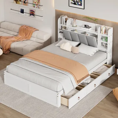 Produktbild von Flieks Holzbett Stauraumbett 140x200 mit 3 Schubladen, Doppelbett Jugendbett mit Staufach, Klassisches Bett Polsterbett mit Lattenrost, Samt, Weiß