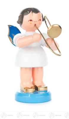 Produktbild von Engel mit Posaune - Blaue Flügel - stehend (9,5cm) von Kunstgewerbe Uhlig