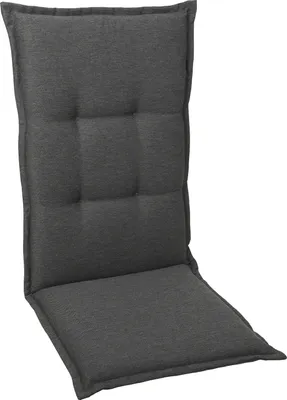 A dark gray chair cushion is shown against a white background.