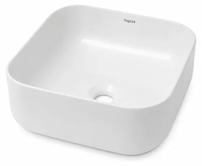 Produktbild von HAGO24 Waschbecken Keramik 39x39cm quadratisch weiß Aufsatzwaschbecken abgerundete Ecken schmaler Rand kratzfest Badkeramik Standard-Anschluss