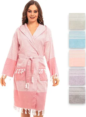 Produktbild von Bademantel Damen & Herren Uni – Weich & Leicht Langform, 100% Baumwolle, mit Kapuze, & Gürtel, Hamamtuch-Stil mit Taschen – Ideal für Sauna_Khaki