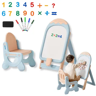 Immagine prodotto di Lavagna magnetica per bambini con sedia - regolabile in altezza, 2 in 1: lavagna bianca e magnetica - set completo di accessori, 5 pennarelli, spugna e 16 magneti