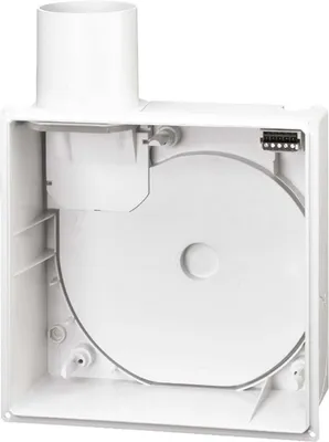 A white ventilation unit with a circular fan inside, shown from the front with the duct opening at the top.