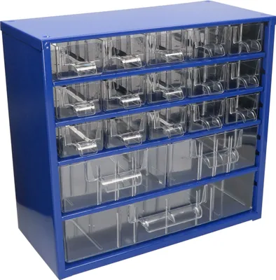 A blue metal storage cabinet with multiple clear plastic drawers.