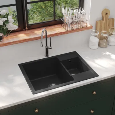 Produktbild von The Living Store Küchenspüle mit Überlauf Doppelbecken Schwarz Granit