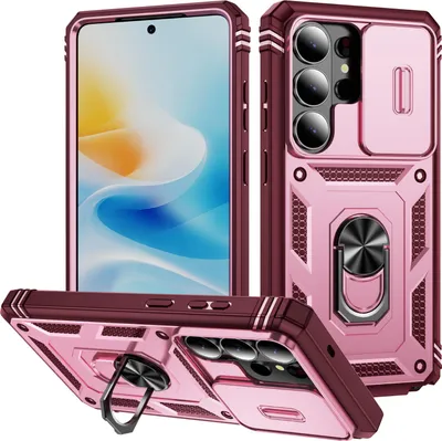 Produktbild von Hülle für Samsung Galaxy S26 Ultra, Schiebe Kamera Schutz Stoßfest Schutzhülle mit Ringhalterung Ständer Kartenhalter Rosa