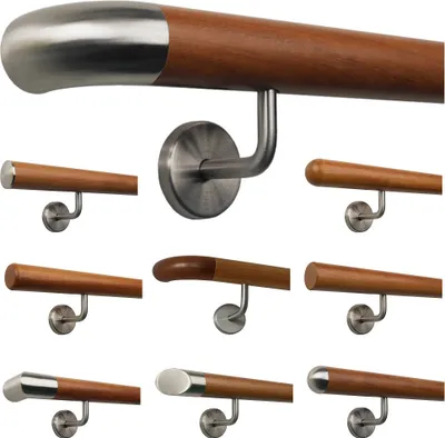 Produktbild von TIBU Kambala Handlauf Holz Ø 42 mm gewinkelte Edelstahlhalter, Länge 290 cm mit 4 Halter und Ende Edelstahlbogen