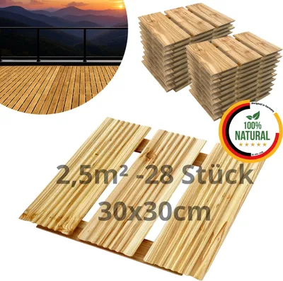 A collage of wooden deck tiles, some showing a completed deck in a mountain setting, others showing stacks of the tiles and a close-up of their texture.