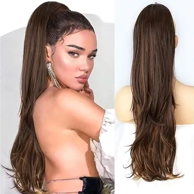 Obrázok produktu pre Koňský chvost, šnúrka, dlhá, hladká, vlnitá, syntetická, 65 cm, čierna, hnedá