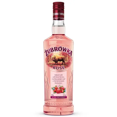 A bottle of Zubrowka Rose vodka.
